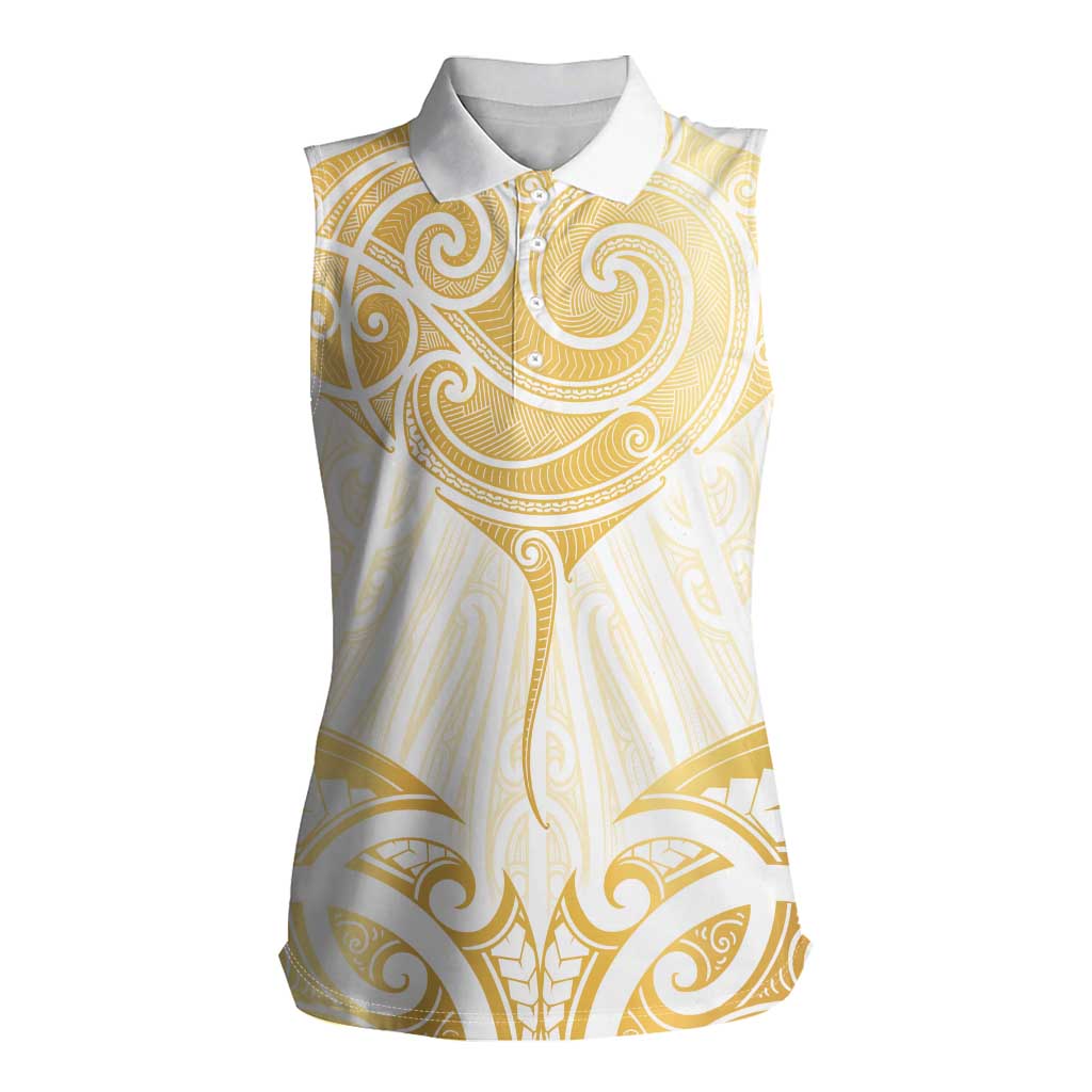 Gold White New Zealand Manta Ray Women Sleeveless Polo Shirt Aotearoa Maori Haehae - Polynesian Pride