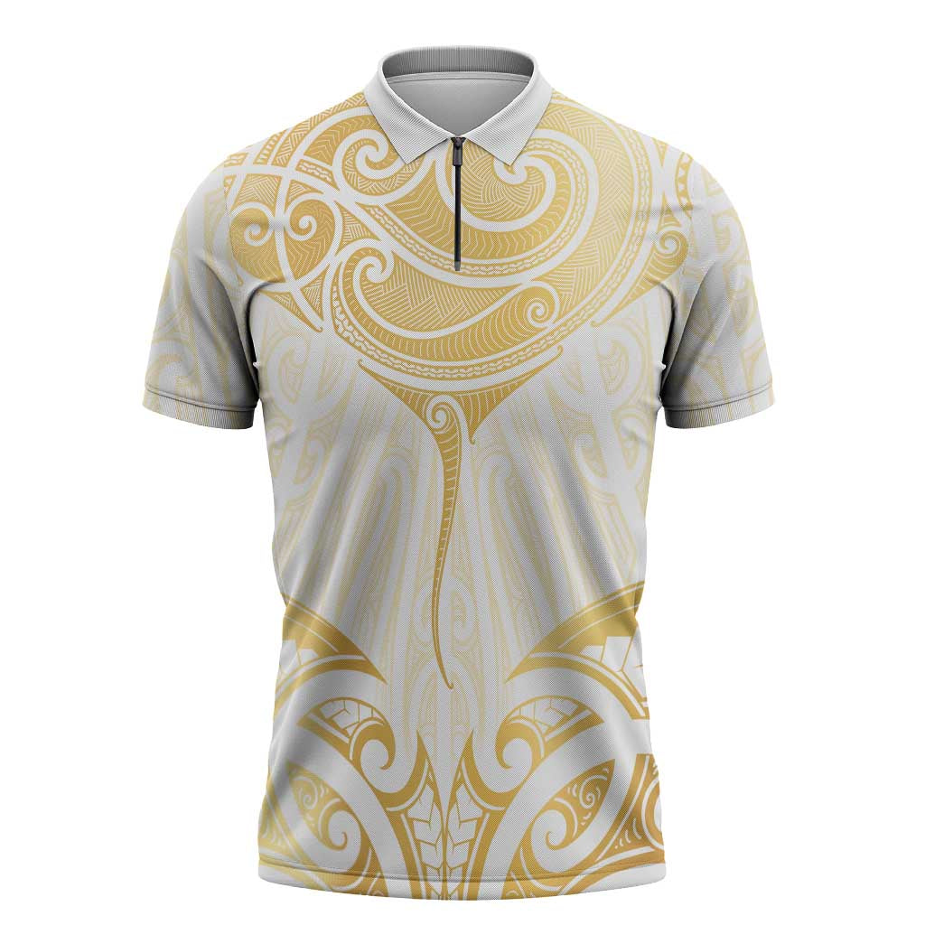 Gold White New Zealand Manta Ray Zipper Polo Shirt Aotearoa Maori Haehae - Polynesian Pride
