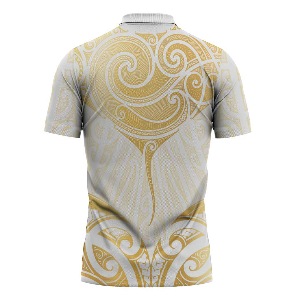 Gold White New Zealand Manta Ray Zipper Polo Shirt Aotearoa Maori Haehae - Polynesian Pride