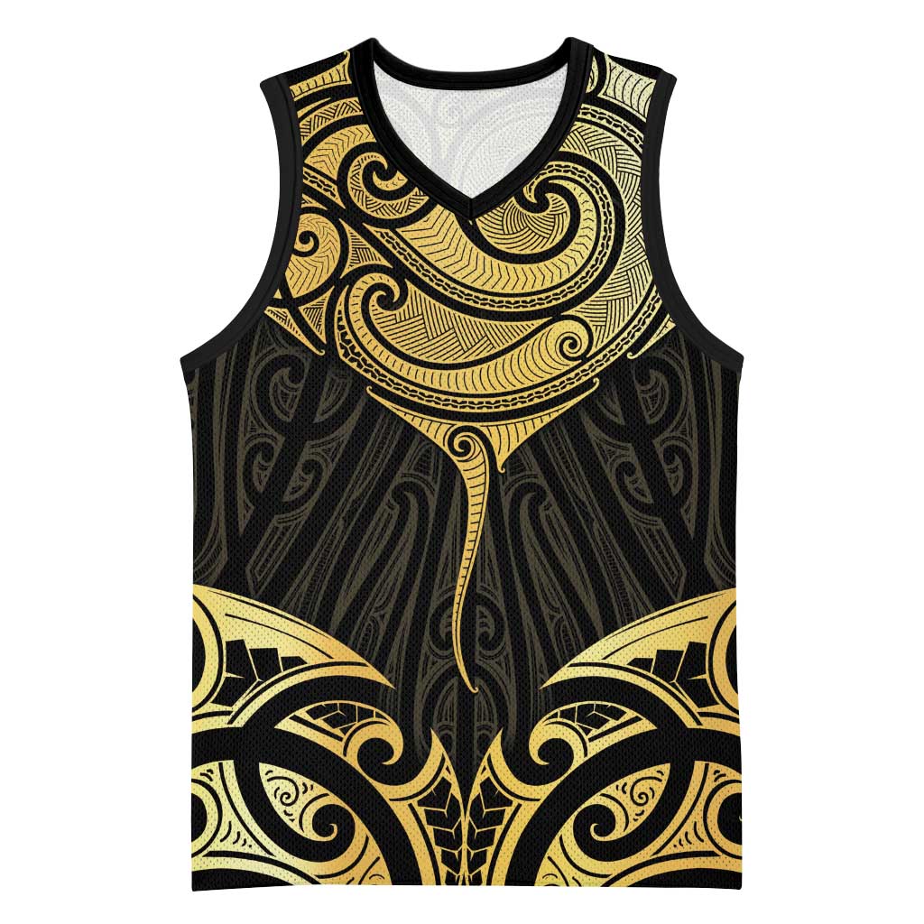Gold Black New Zealand Manta Ray Basketball Jersey Aotearoa Maori Haehae - Polynesian Pride