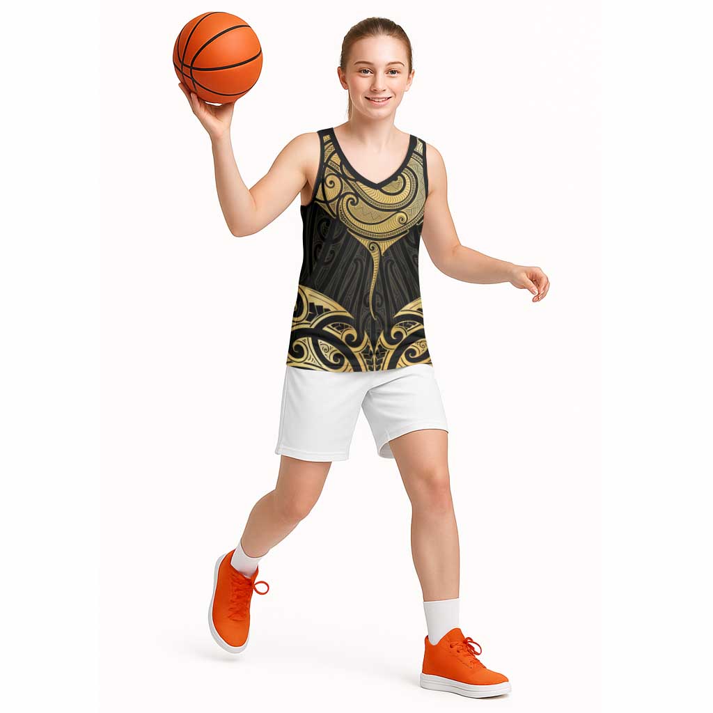 Gold Black New Zealand Manta Ray Basketball Jersey Aotearoa Maori Haehae - Polynesian Pride