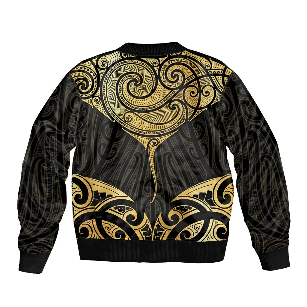 Gold Black New Zealand Manta Ray Bomber Jacket Aotearoa Maori Haehae - Polynesian Pride