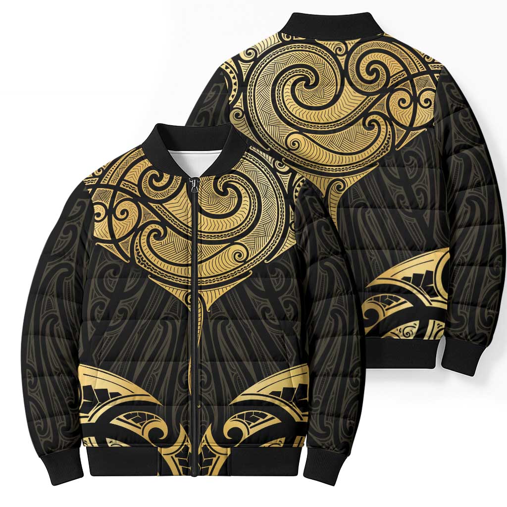 Gold Black New Zealand Manta Ray Bomber Puffer Jacket Aotearoa Maori Haehae - Polynesian Pride