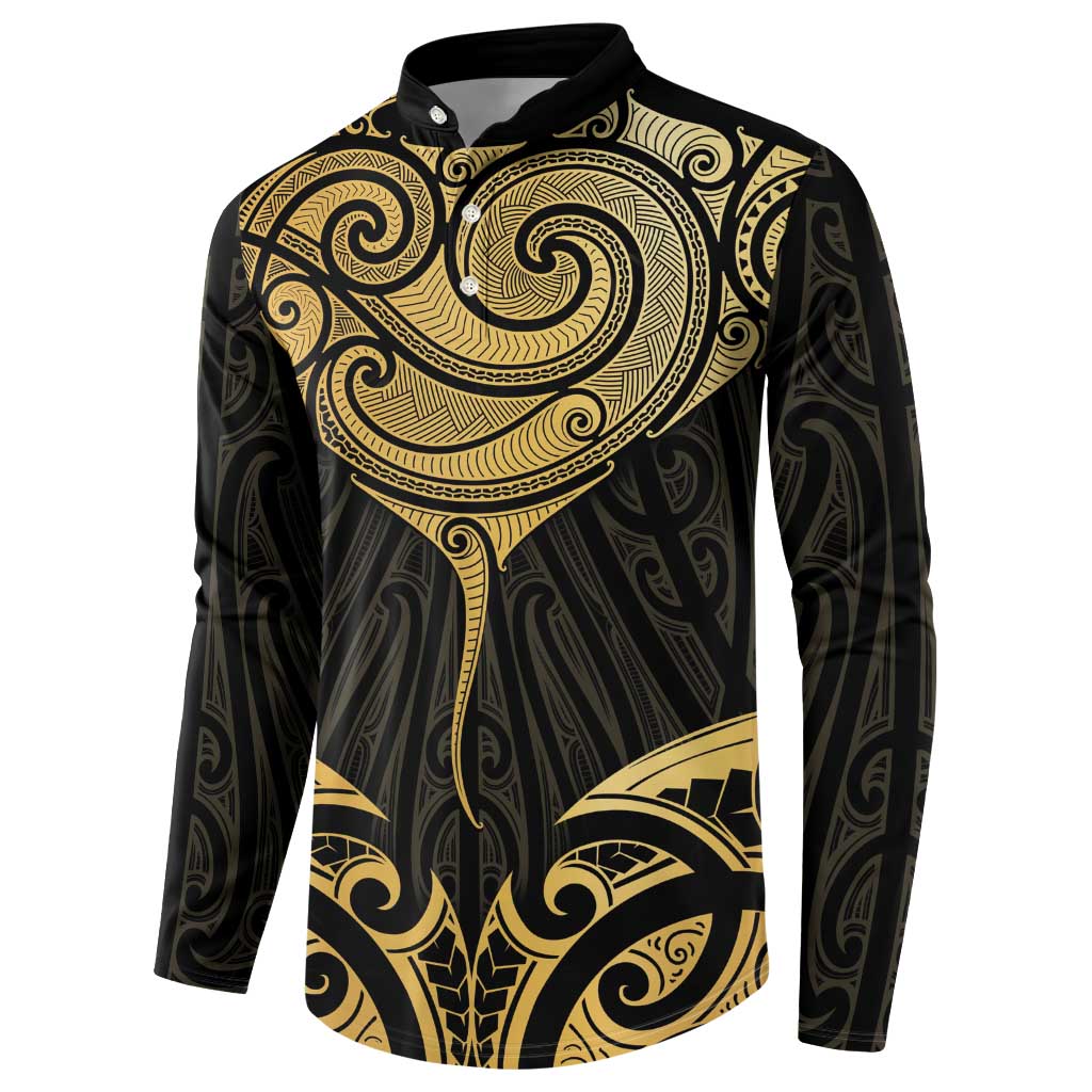 Gold Black New Zealand Manta Ray Button Sweatshirt Aotearoa Maori Haehae - Polynesian Pride