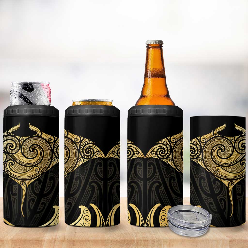 Gold Black New Zealand Manta Ray 4 in 1 Can Cooler Tumbler Aotearoa Maori Haehae - Polynesian Pride