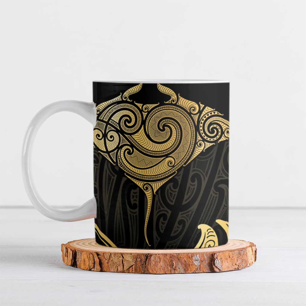 Gold Black New Zealand Manta Ray Ceramic Mug Aotearoa Maori Haehae - Polynesian Pride
