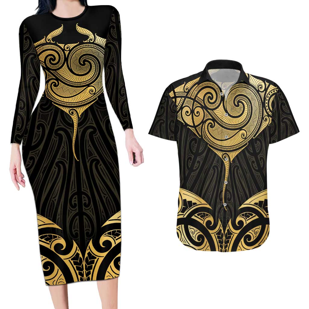 Gold Black New Zealand Manta Ray Couples Matching Long Sleeve Bodycon Dress and Hawaiian Shirt Aotearoa Maori Haehae LT14 Black - Polynesian Pride