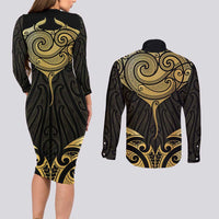 Gold Black New Zealand Manta Ray Couples Matching Long Sleeve Bodycon Dress and Long Sleeve Button Shirt Aotearoa Maori Haehae LT14 - Polynesian Pride