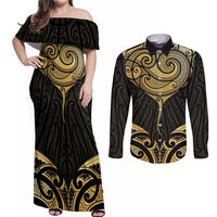 Gold Black New Zealand Manta Ray Couples Matching Off Shoulder Maxi Dress and Long Sleeve Button Shirt Aotearoa Maori Haehae LT14 Black - Polynesian Pride