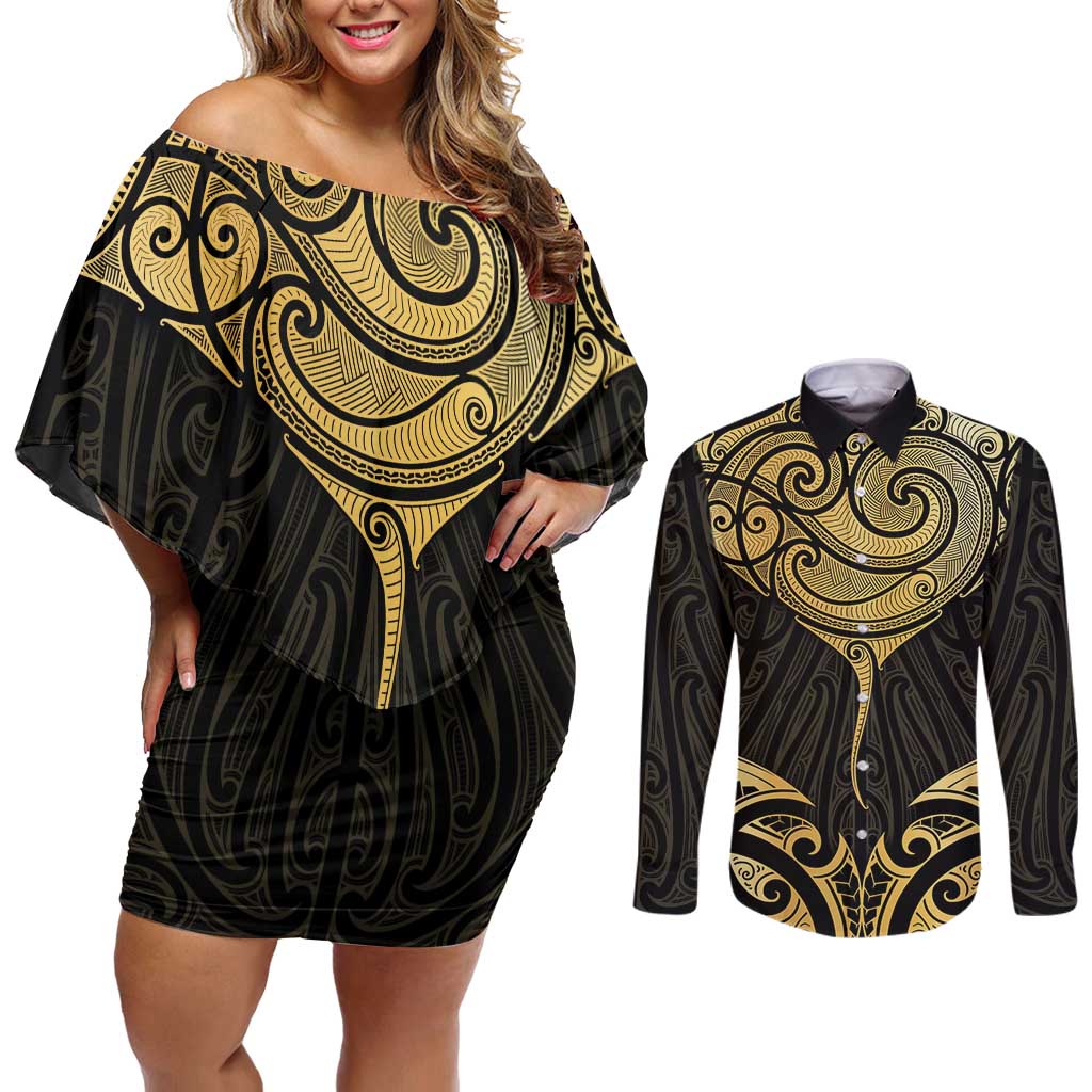 Gold Black New Zealand Manta Ray Couples Matching Off Shoulder Short Dress and Long Sleeve Button Shirt Aotearoa Maori Haehae LT14 Black - Polynesian Pride