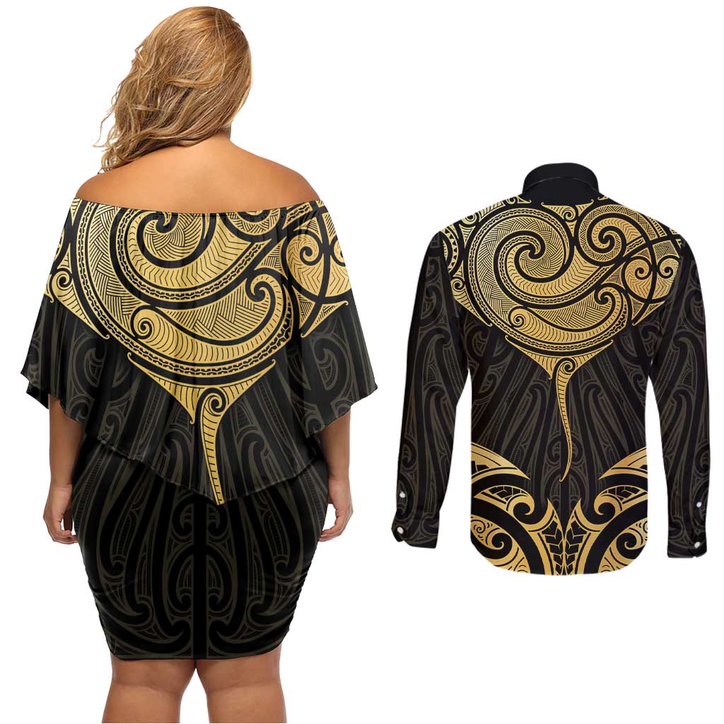 Gold Black New Zealand Manta Ray Couples Matching Off Shoulder Short Dress and Long Sleeve Button Shirt Aotearoa Maori Haehae LT14 - Polynesian Pride