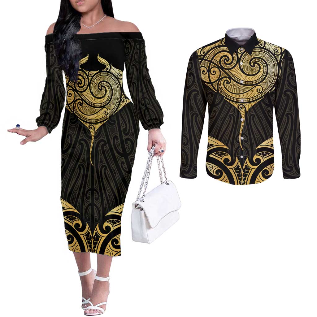 Gold Black New Zealand Manta Ray Couples Matching Off The Shoulder Long Sleeve Dress and Long Sleeve Button Shirt Aotearoa Maori Haehae LT14 Black - Polynesian Pride
