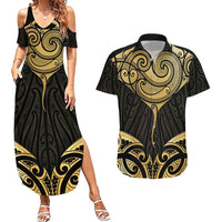 Gold Black New Zealand Manta Ray Couples Matching Summer Maxi Dress and Hawaiian Shirt Aotearoa Maori Haehae LT14 Black - Polynesian Pride