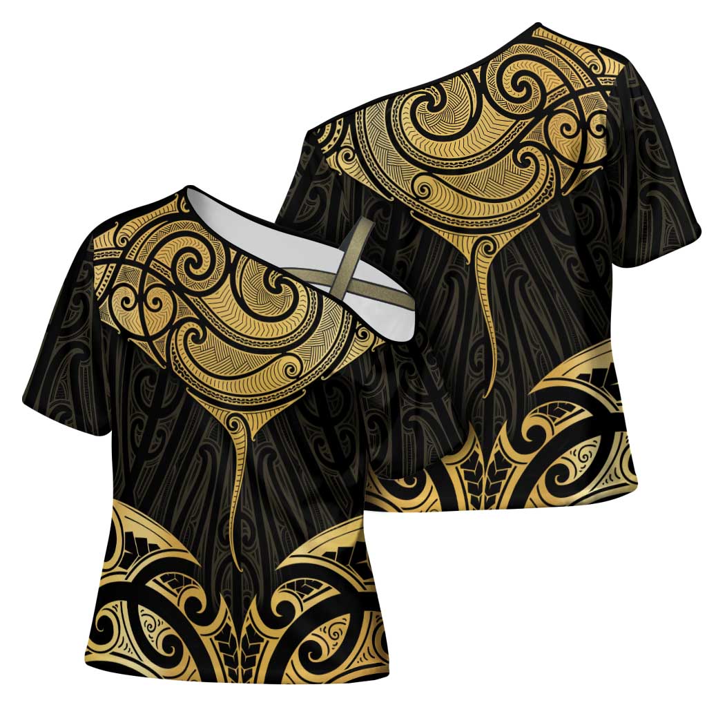 Gold Black New Zealand Manta Ray Cross Shoulder Shirt Aotearoa Maori Haehae - Polynesian Pride