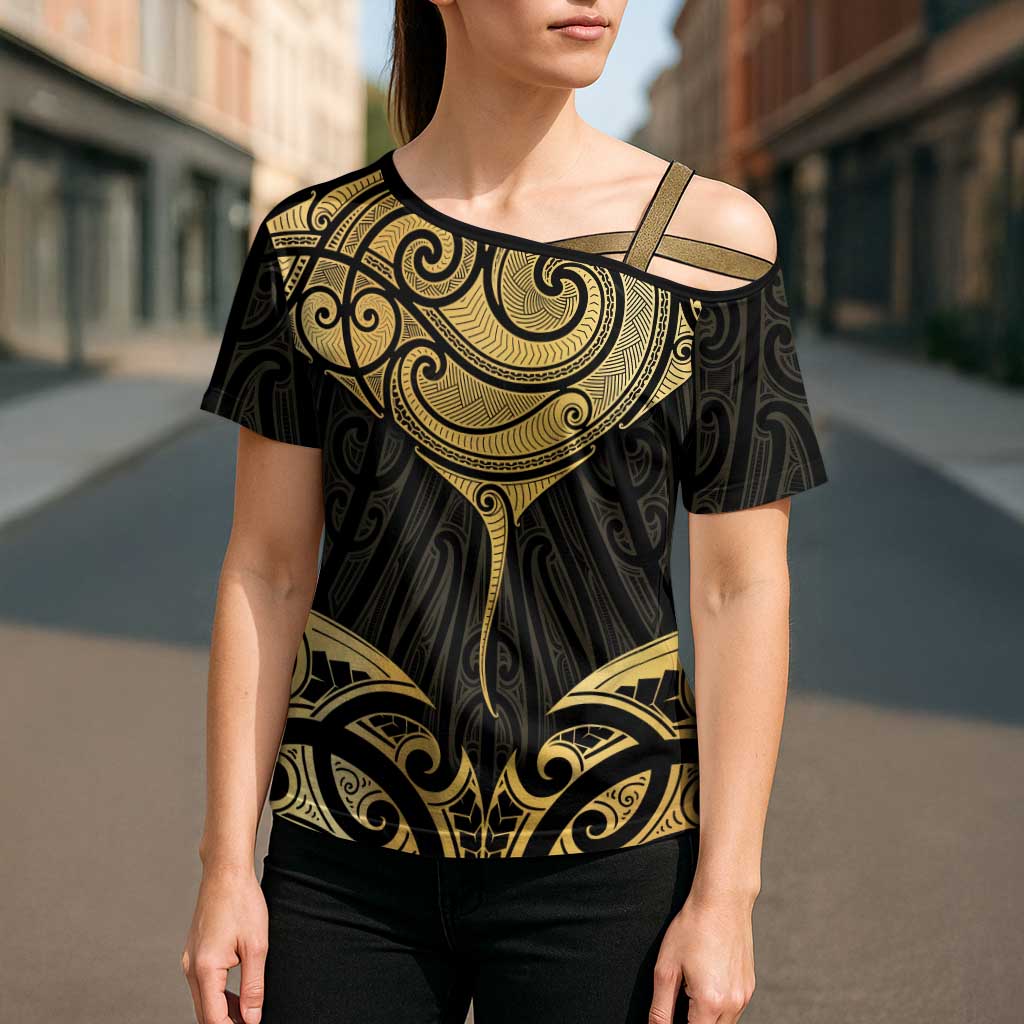 Gold Black New Zealand Manta Ray Cross Shoulder Shirt Aotearoa Maori Haehae - Polynesian Pride