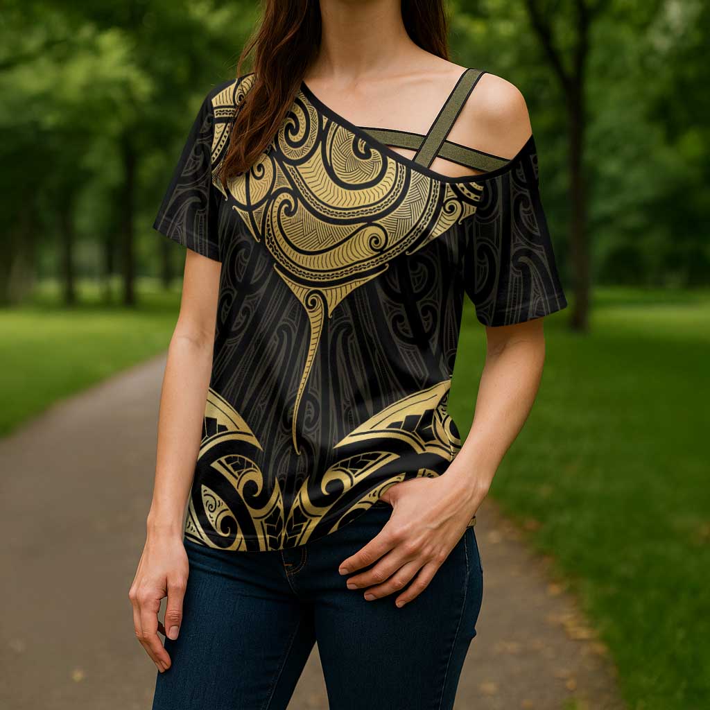 Gold Black New Zealand Manta Ray Cross Shoulder Shirt Aotearoa Maori Haehae - Polynesian Pride