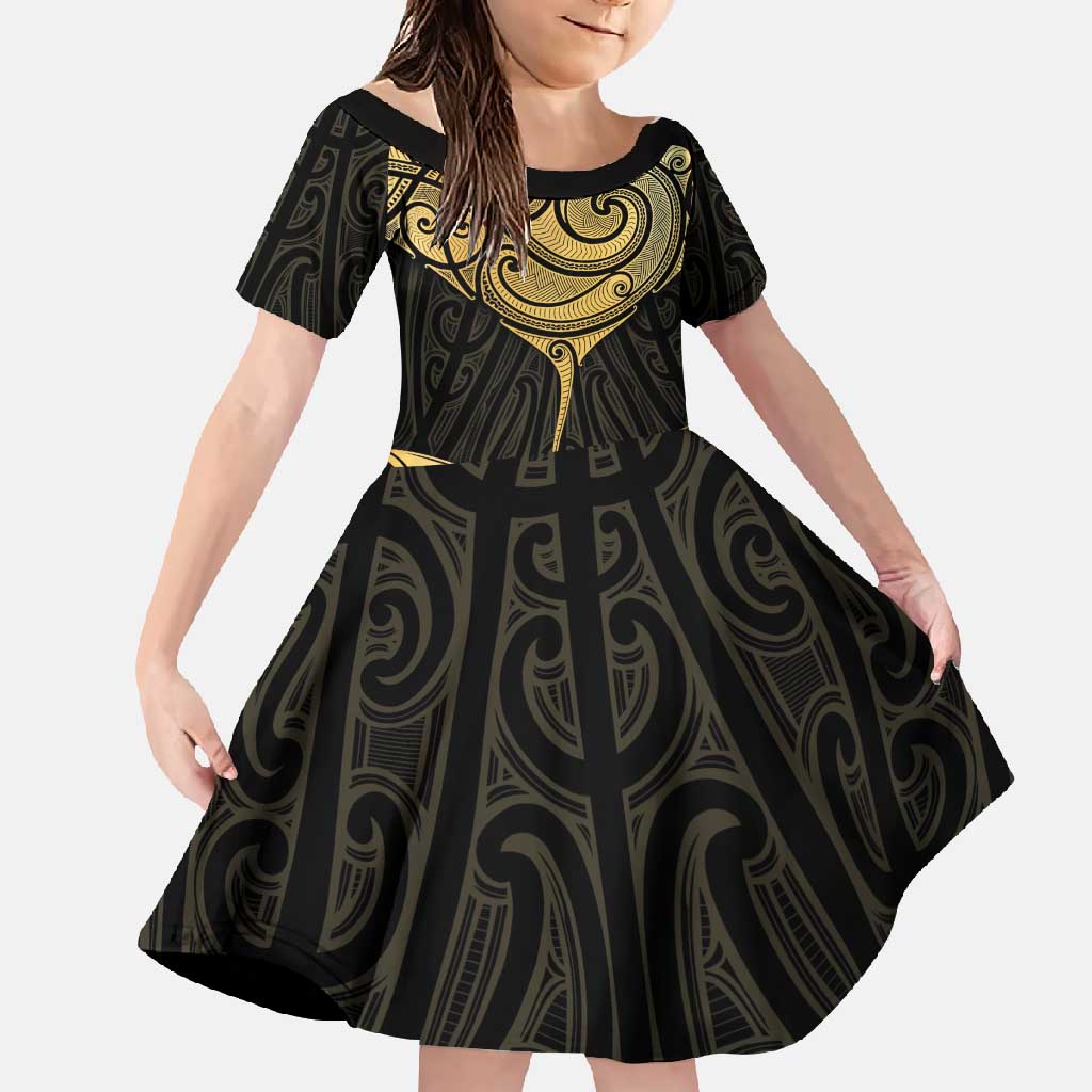 Gold Black New Zealand Manta Ray Family Matching Long Sleeve Bodycon Dress and Hawaiian Shirt Aotearoa Maori Haehae LT14 Daughter's Dress Black - Polynesian Pride