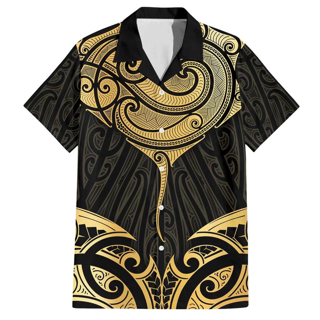 Gold Black New Zealand Manta Ray Family Matching Long Sleeve Bodycon Dress and Hawaiian Shirt Aotearoa Maori Haehae LT14 Dad's Shirt - Short Sleeve Black - Polynesian Pride