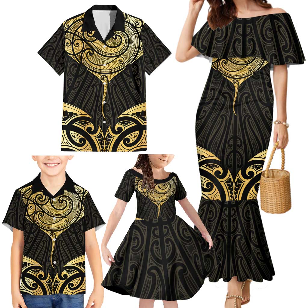 Gold Black New Zealand Manta Ray Family Matching Mermaid Dress and Hawaiian Shirt Aotearoa Maori Haehae LT14 - Polynesian Pride