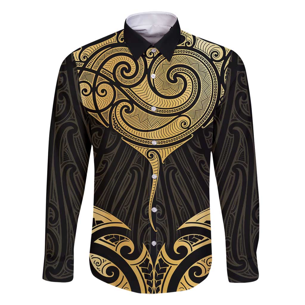 Gold Black New Zealand Manta Ray Family Matching Mermaid Dress and Hawaiian Shirt Aotearoa Maori Haehae LT14 Dad's Shirt - Long Sleeve Black - Polynesian Pride
