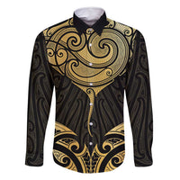 Gold Black New Zealand Manta Ray Family Matching Mermaid Dress and Hawaiian Shirt Aotearoa Maori Haehae LT14 Dad's Shirt - Long Sleeve Black - Polynesian Pride