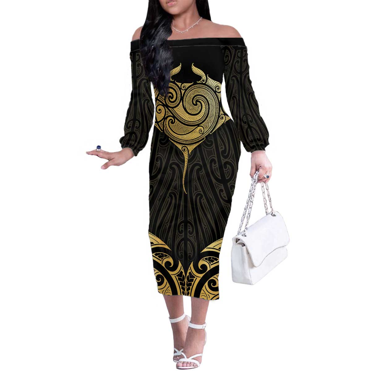 Gold Black New Zealand Manta Ray Family Matching Off The Shoulder Long Sleeve Dress and Hawaiian Shirt Aotearoa Maori Haehae - Polynesian Pride
