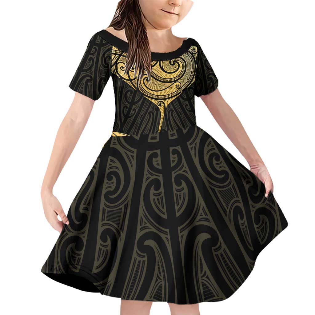 Gold Black New Zealand Manta Ray Family Matching Off Shoulder Short Dress and Hawaiian Shirt Aotearoa Maori Haehae - Polynesian Pride