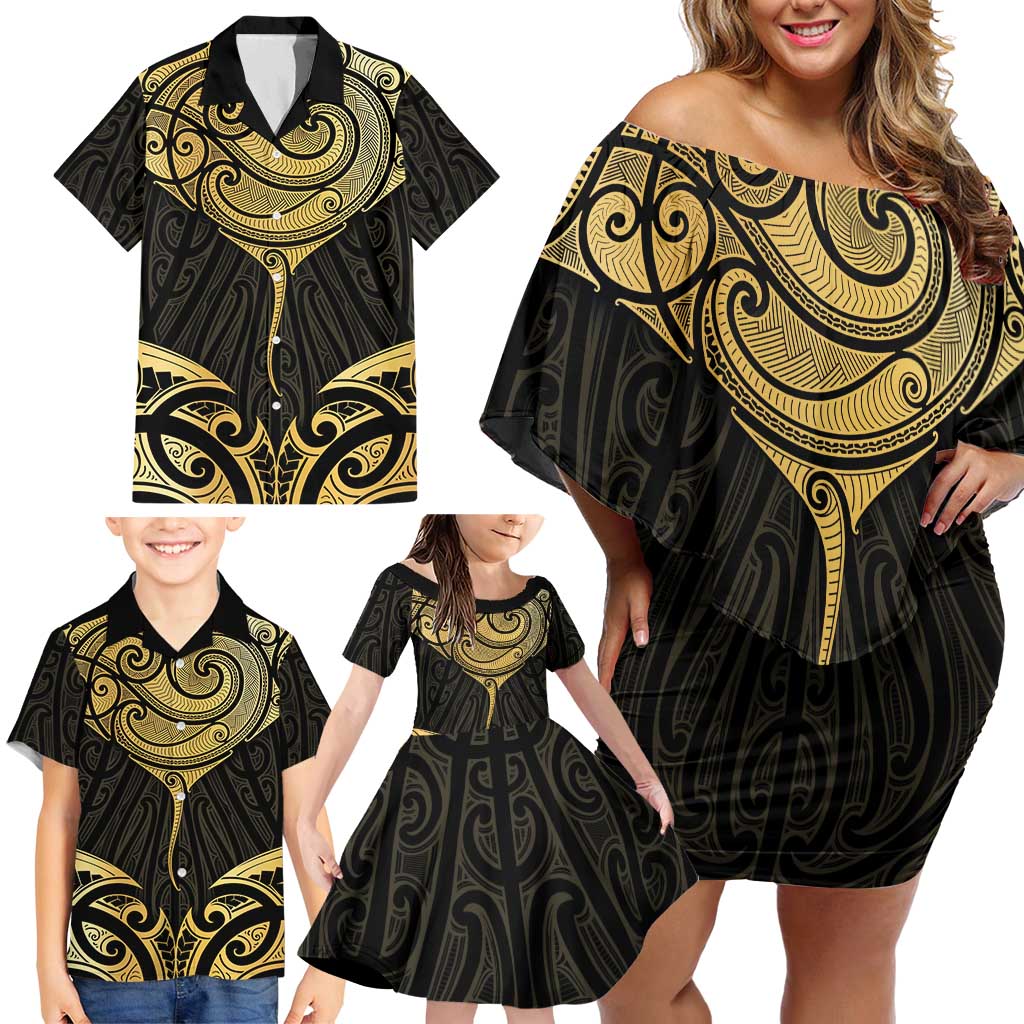 Gold Black New Zealand Manta Ray Family Matching Off Shoulder Short Dress and Hawaiian Shirt Aotearoa Maori Haehae - Polynesian Pride