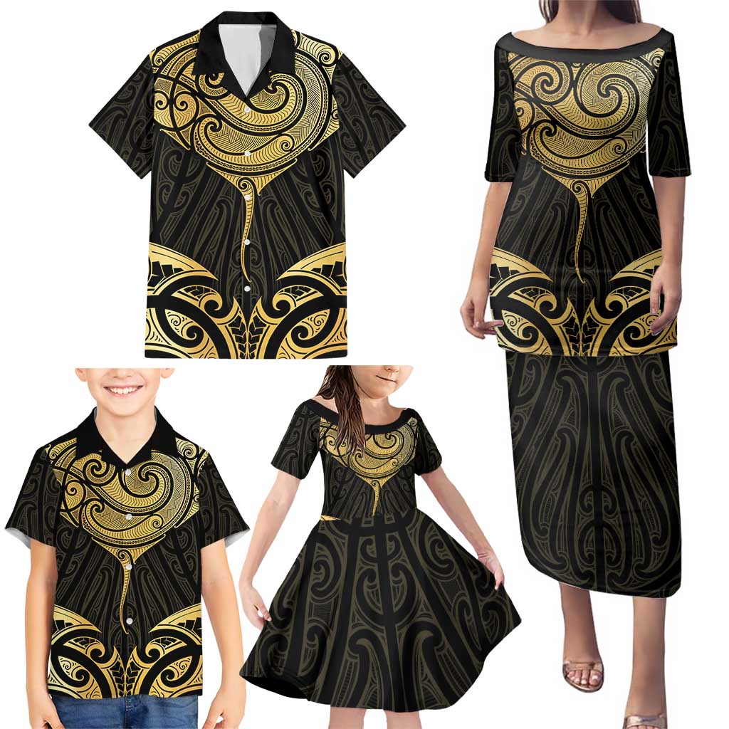Gold Black New Zealand Manta Ray Family Matching Puletasi and Hawaiian Shirt Aotearoa Maori Haehae - Polynesian Pride