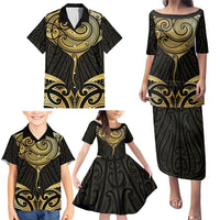 Gold Black New Zealand Manta Ray Family Matching Puletasi and Hawaiian Shirt Aotearoa Maori Haehae - Polynesian Pride