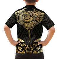 Gold Black New Zealand Manta Ray Family Matching Short Sleeve Bodycon Dress and Hawaiian Shirt Aotearoa Maori Haehae LT14 - Polynesian Pride