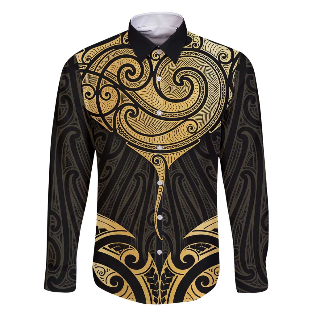 Gold Black New Zealand Manta Ray Family Matching Short Sleeve Bodycon Dress and Hawaiian Shirt Aotearoa Maori Haehae LT14 Dad's Shirt - Long Sleeve Black - Polynesian Pride