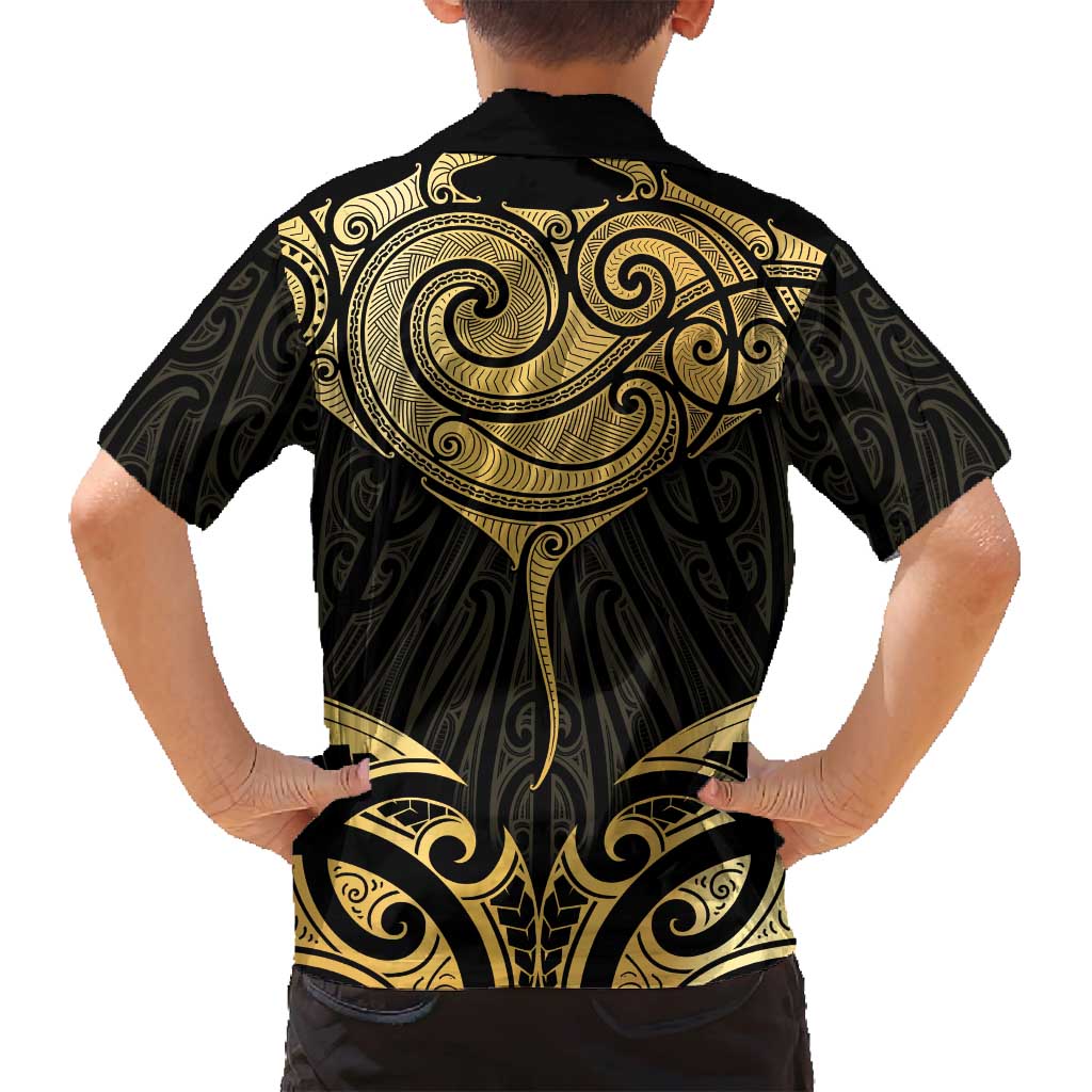 Gold Black New Zealand Manta Ray Family Matching Summer Maxi Dress and Hawaiian Shirt Aotearoa Maori Haehae - Polynesian Pride