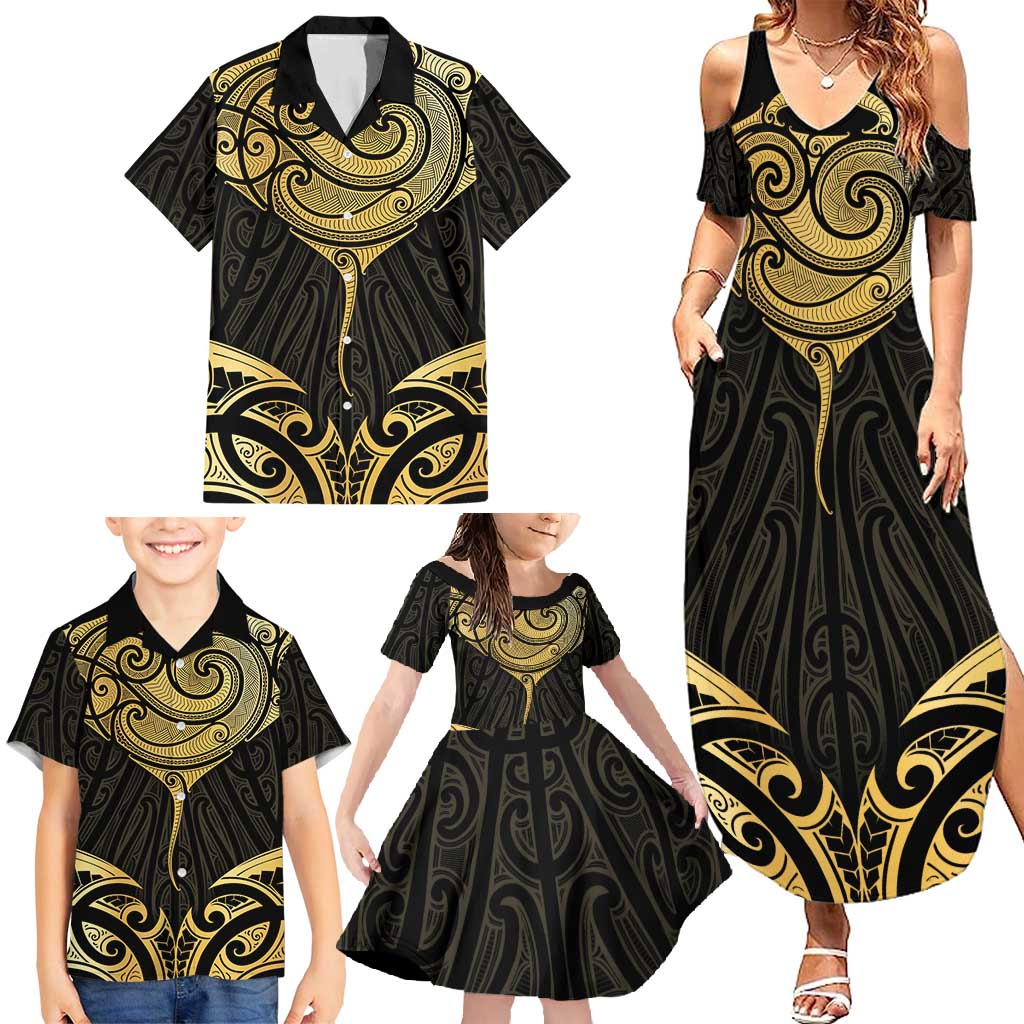 Gold Black New Zealand Manta Ray Family Matching Summer Maxi Dress and Hawaiian Shirt Aotearoa Maori Haehae - Polynesian Pride