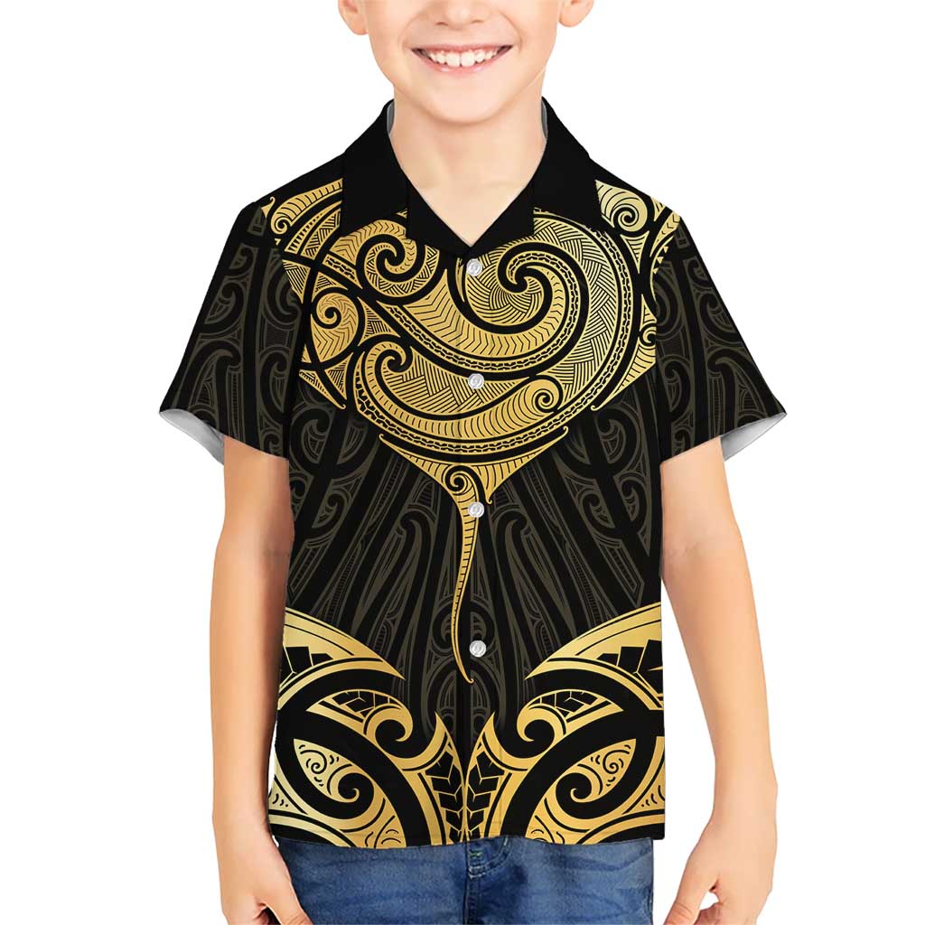 Gold Black New Zealand Manta Ray Kid Hawaiian Shirt Aotearoa Maori Haehae - Polynesian Pride