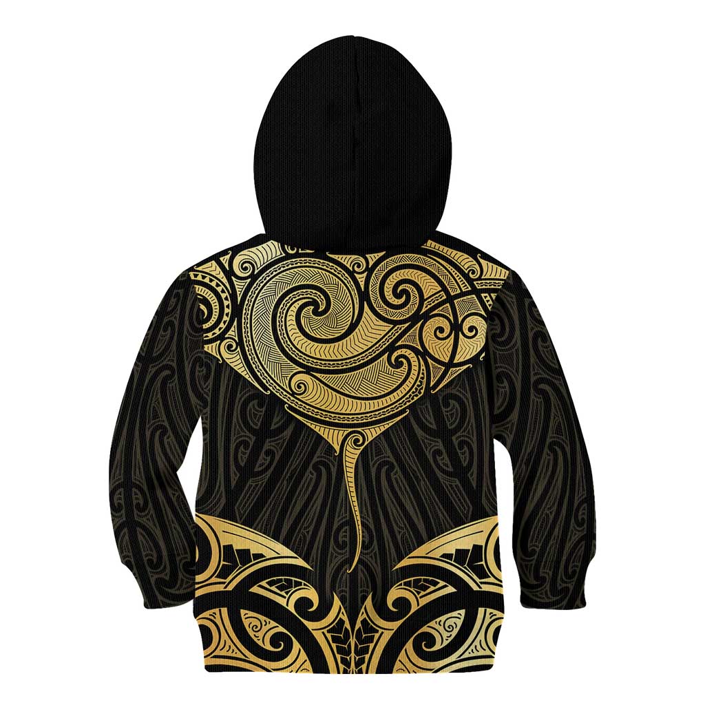 Gold Black New Zealand Manta Ray Kid Hoodie Aotearoa Maori Haehae - Polynesian Pride