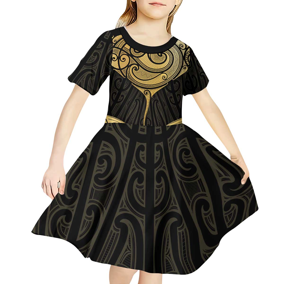 Gold Black New Zealand Manta Ray Kid Short Sleeve Dress Aotearoa Maori Haehae - Polynesian Pride
