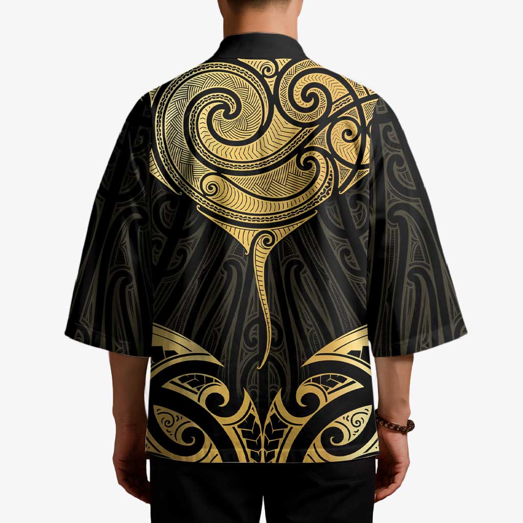 Gold Black New Zealand Manta Ray Kimono Aotearoa Maori Haehae - Polynesian Pride
