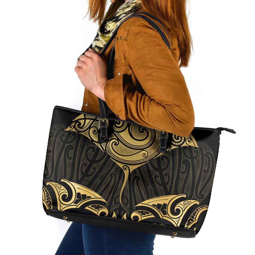 Gold Black New Zealand Manta Ray Leather Tote Bag Aotearoa Maori Haehae - Polynesian Pride