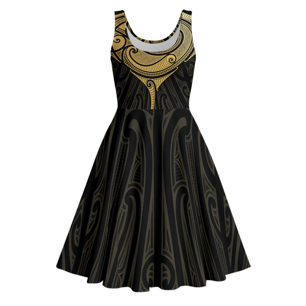 Gold Black New Zealand Manta Ray Midi Dress Aotearoa Maori Haehae - Polynesian Pride
