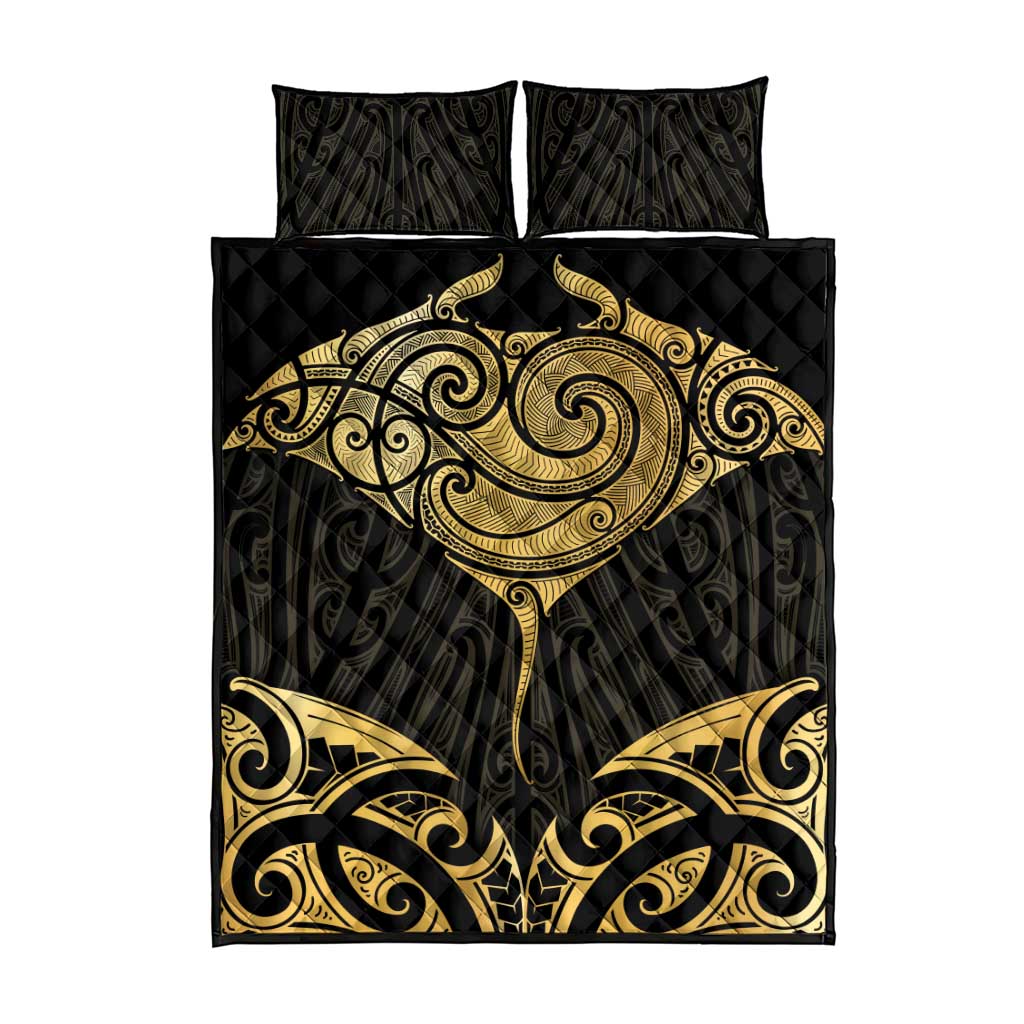 Gold Black New Zealand Manta Ray Quilt Bed Set Aotearoa Maori Haehae - Polynesian Pride