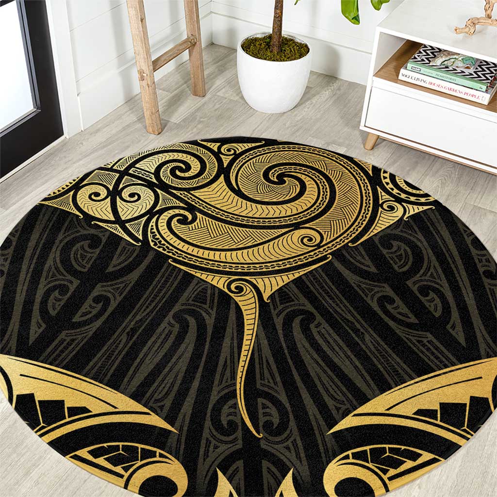 Gold Black New Zealand Manta Ray Round Carpet Aotearoa Maori Haehae - Polynesian Pride