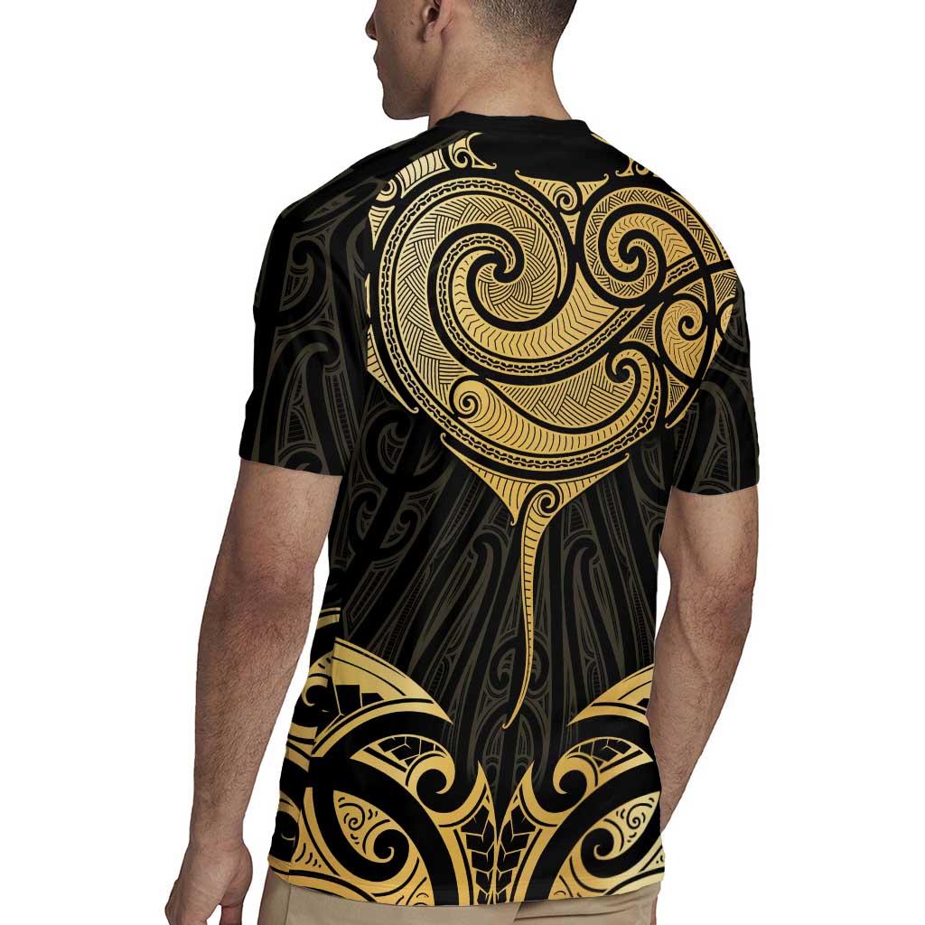 Gold Black New Zealand Manta Ray Rugby Jersey Aotearoa Maori Haehae - Polynesian Pride