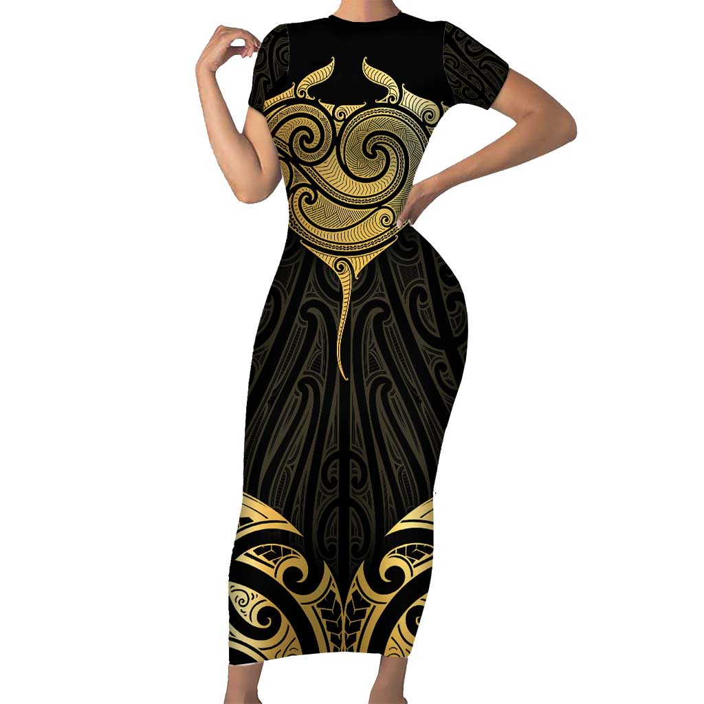 Gold Black New Zealand Manta Ray Short Sleeve Bodycon Dress Aotearoa Maori Haehae - Polynesian Pride