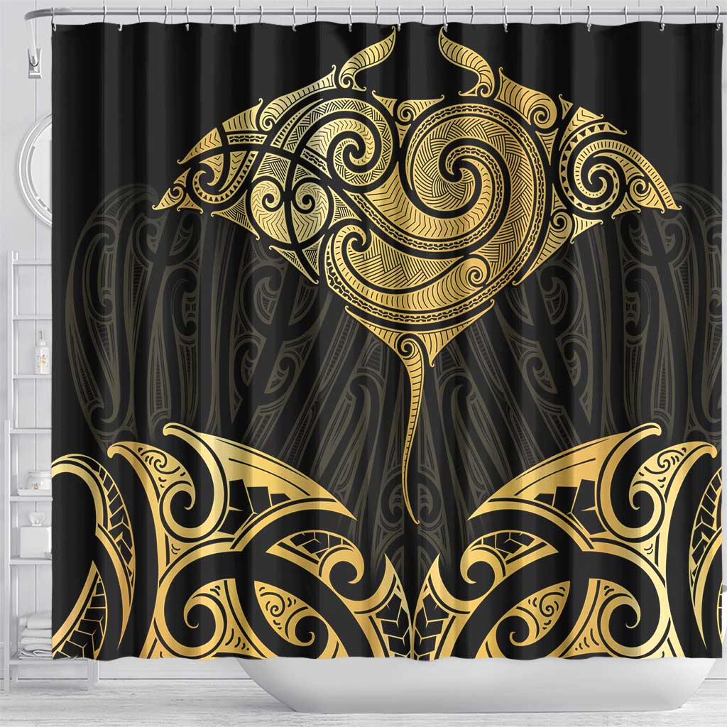 Gold Black New Zealand Manta Ray Shower Curtain Aotearoa Maori Haehae - Polynesian Pride