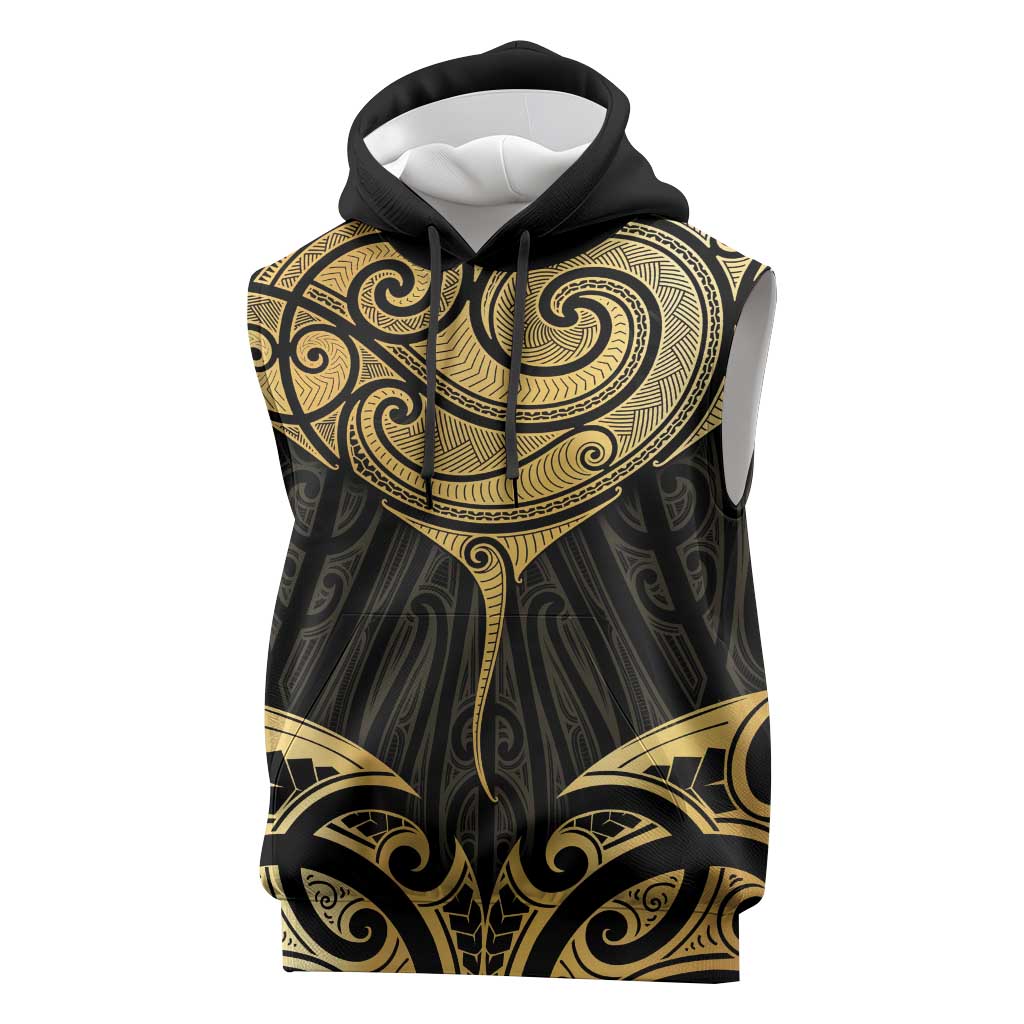 Gold Black New Zealand Manta Ray Sleeveless Hoodie Aotearoa Maori Haehae - Polynesian Pride