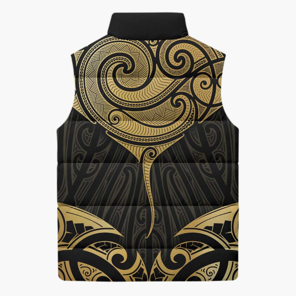Gold Black New Zealand Manta Ray Sleeveless Puffer Jacket Aotearoa Maori Haehae - Polynesian Pride