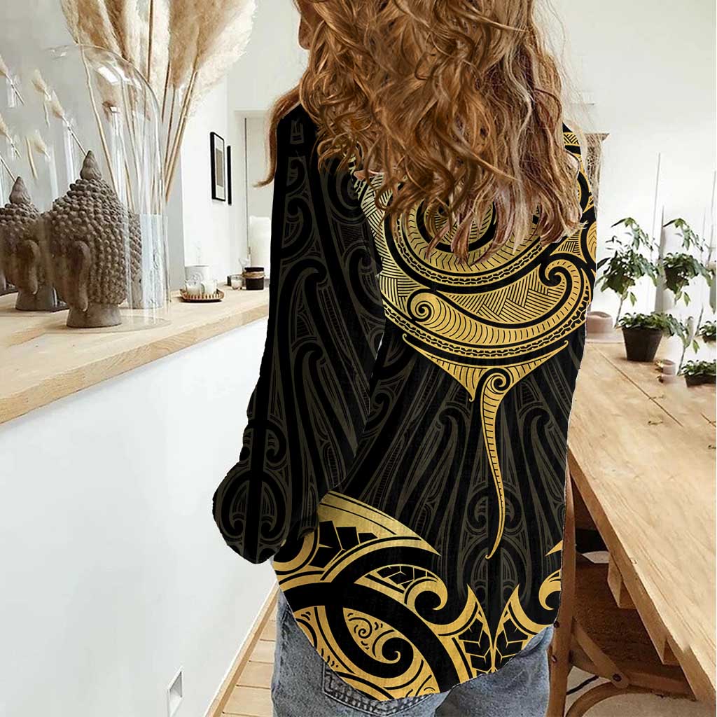 Gold Black New Zealand Manta Ray Women Casual Shirt Aotearoa Maori Haehae - Polynesian Pride