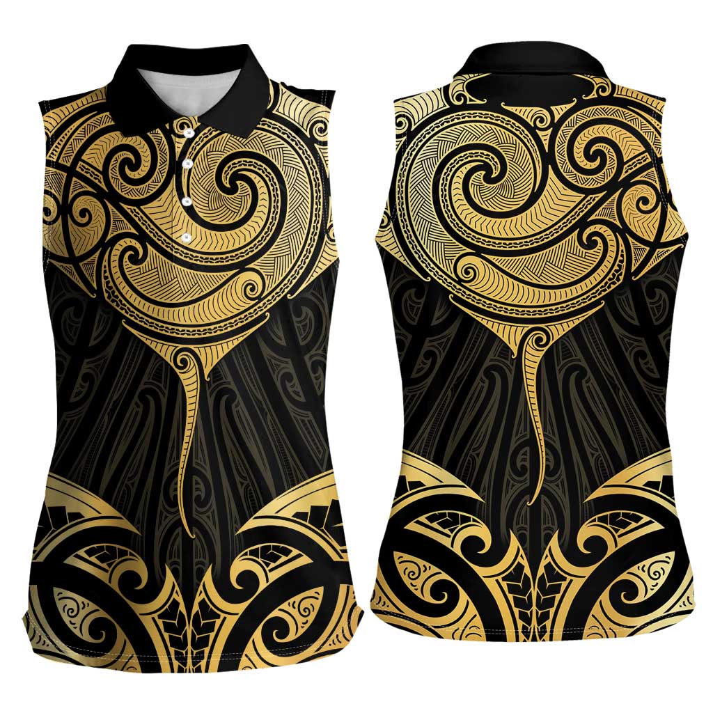 Gold Black New Zealand Manta Ray Women Sleeveless Polo Shirt Aotearoa Maori Haehae - Polynesian Pride