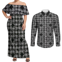 Eleele Hawaii Iwa Bird Palaka Motifs Couples Matching Off Shoulder Maxi Dress and Long Sleeve Button Shirt LT14 Black - Polynesian Pride